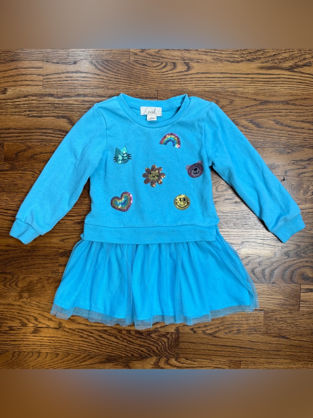 Peek Toddler Girls Aqua Blue Sequin Patch Sweatshirt Tulle Dress Size 3T